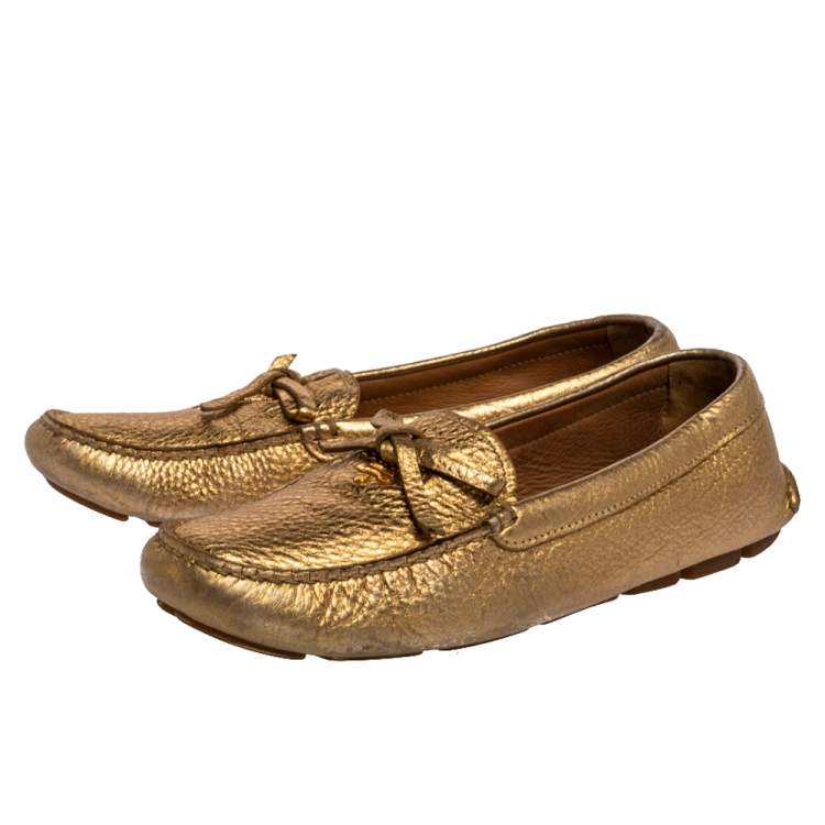 Pre Owned Prada Metallic Gold Leather Bow Slip On Loafers Size 39