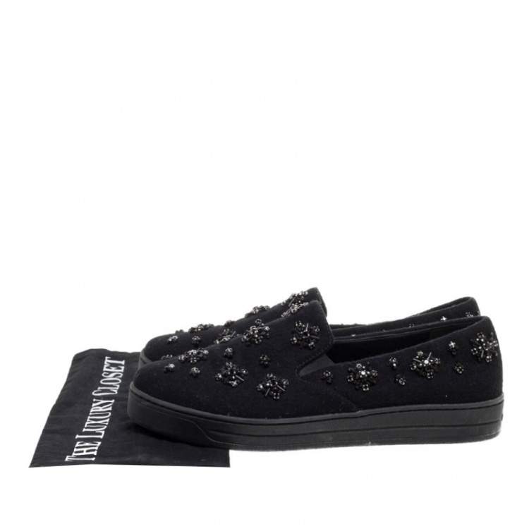 Pre Owned Prada Black Felt Crystal Embellished Slip On Sneakers Size 39