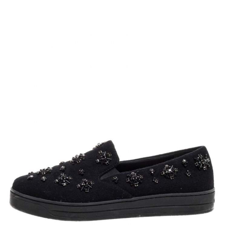 Pre Owned Prada Black Felt Crystal Embellished Slip On Sneakers Size 39