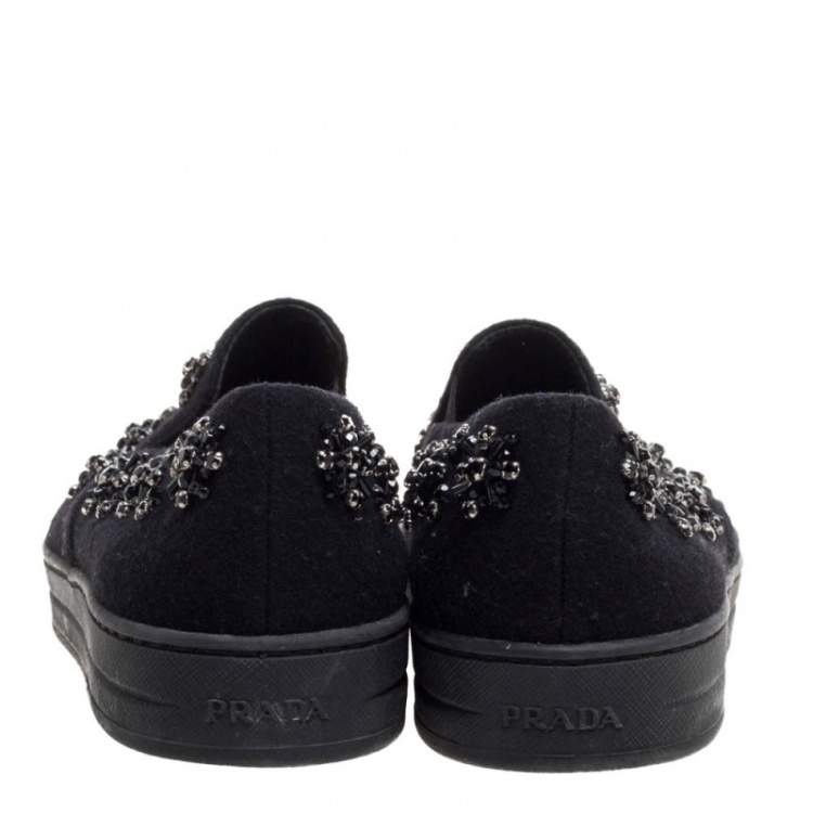 Pre Owned Prada Black Felt Crystal Embellished Slip On Sneakers Size 39