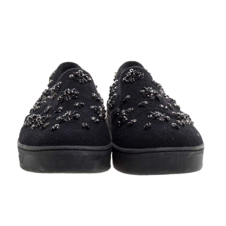 Pre Owned Prada Black Felt Crystal Embellished Slip On Sneakers Size 39