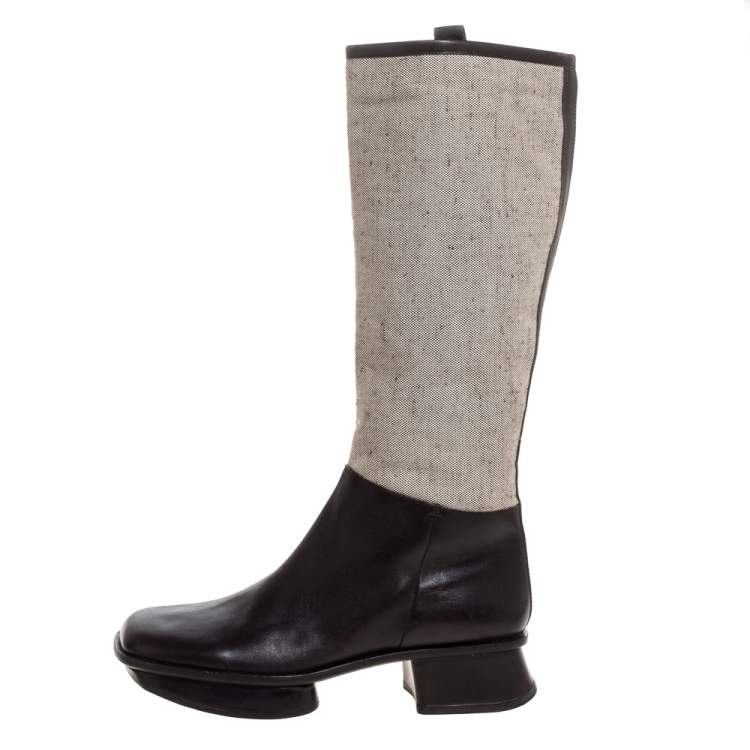 Prada Brown Leather And Beige Canvas Knee High Platform Block Heel Boots  Size 40 Prada | TLC