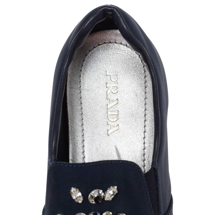 Pre Owned Prada Navy Blue Canvas Crystal Embellished Slip On Sneakers Size 39