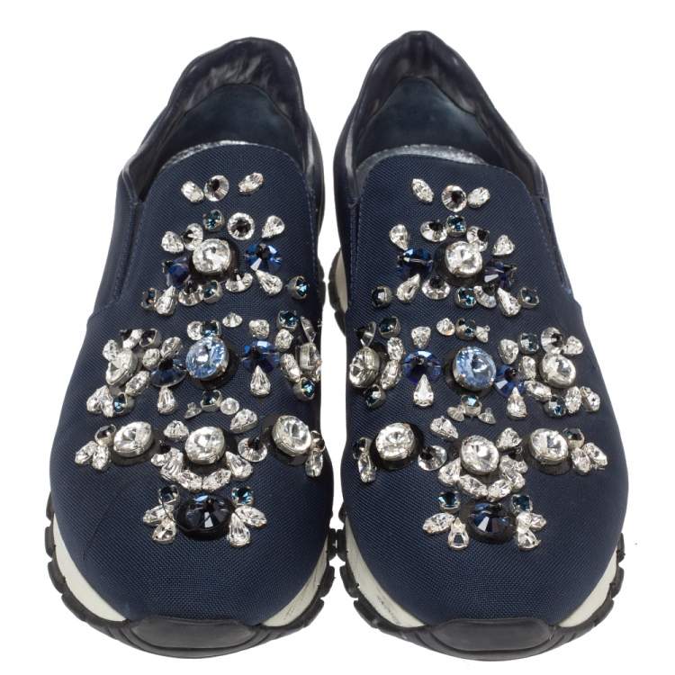 Pre Owned Prada Navy Blue Canvas Crystal Embellished Slip On Sneakers Size 39
