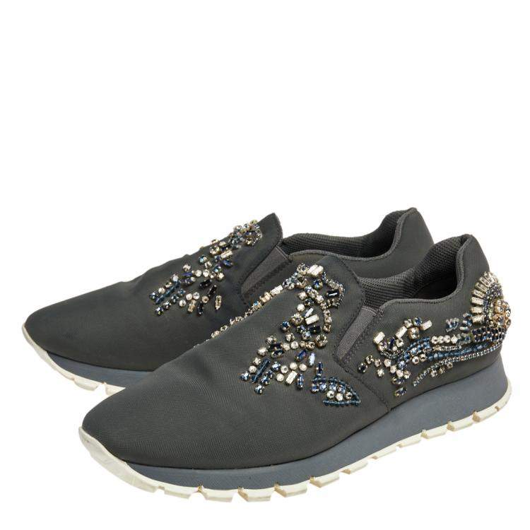 Pre Owned Prada Grey Canvas Crystal Embellished Slip On Sneakers Size 38