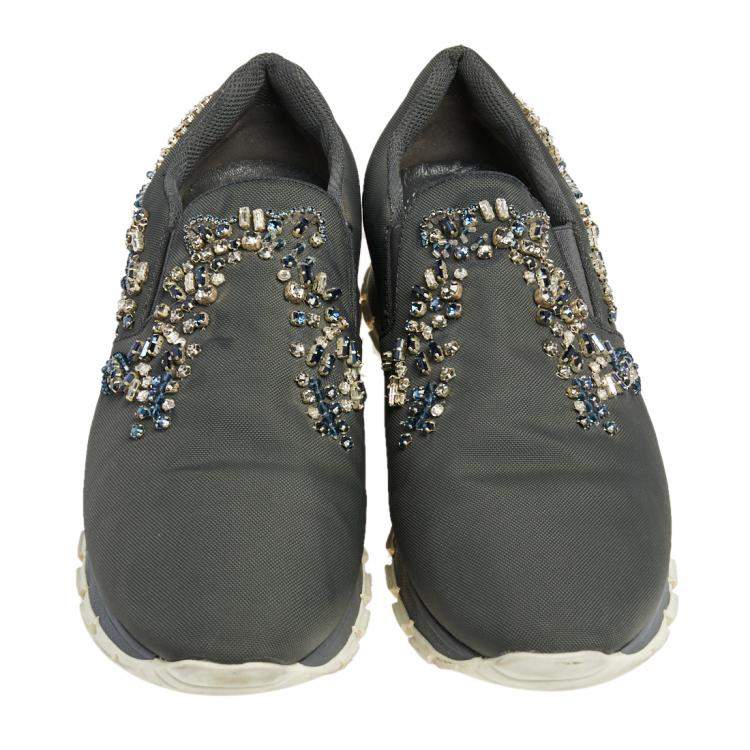 Pre Owned Prada Grey Canvas Crystal Embellished Slip On Sneakers Size 38