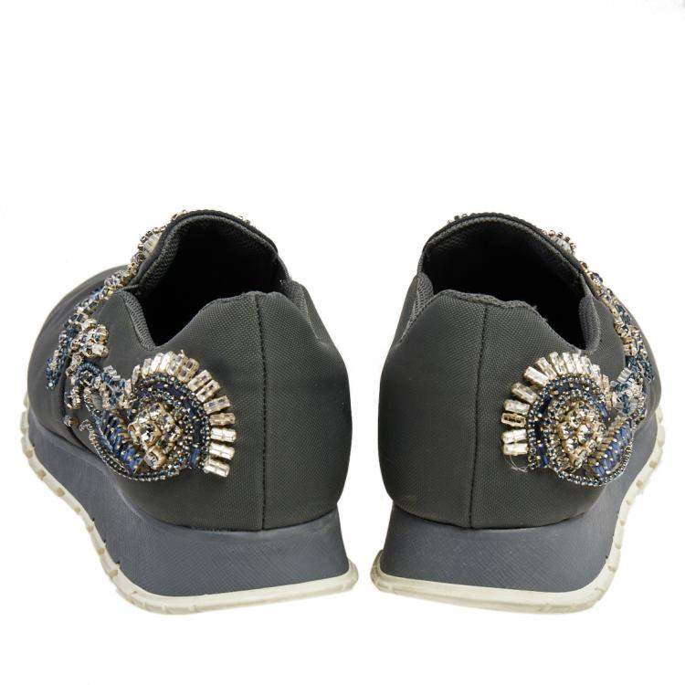 Pre Owned Prada Grey Canvas Crystal Embellished Slip On Sneakers Size 38