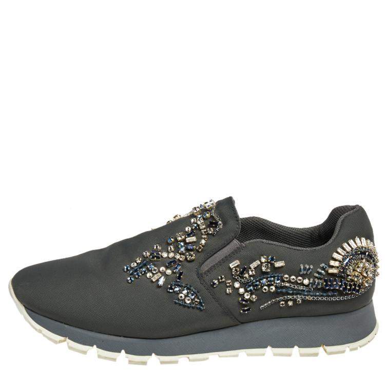 Pre Owned Prada Grey Canvas Crystal Embellished Slip On Sneakers Size 38