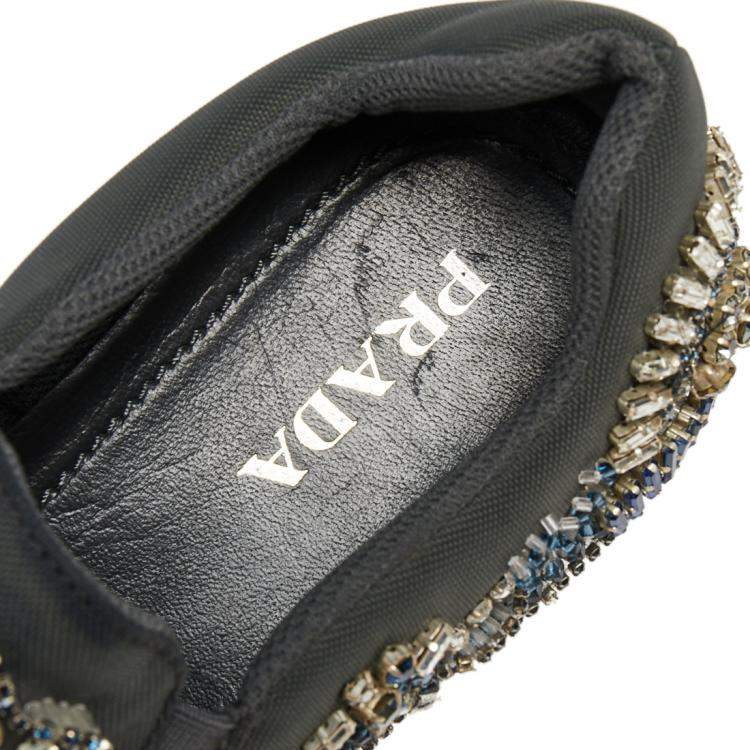 Pre Owned Prada Grey Canvas Crystal Embellished Slip On Sneakers Size 38