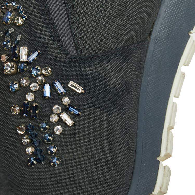 Pre Owned Prada Grey Canvas Crystal Embellished Slip On Sneakers Size 38
