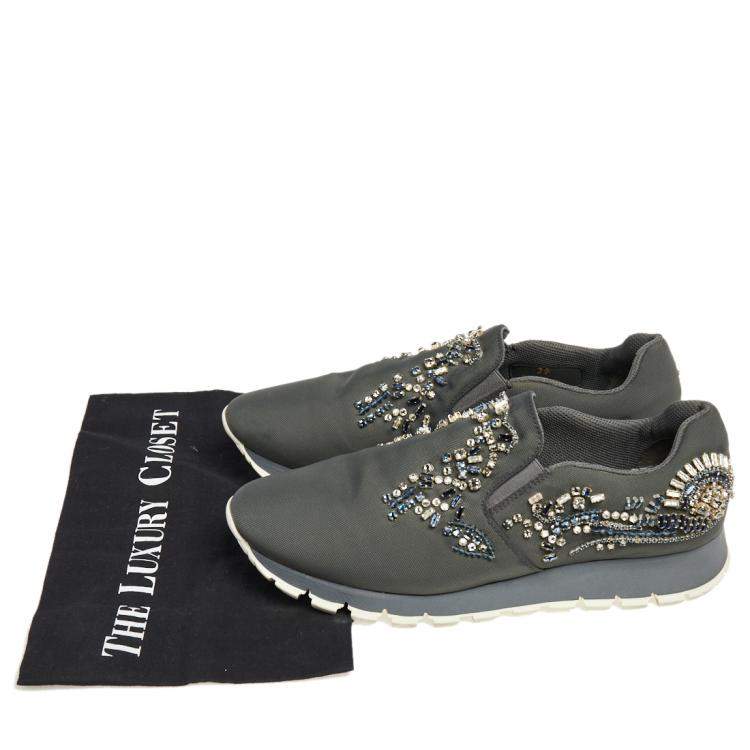 Pre Owned Prada Grey Canvas Crystal Embellished Slip On Sneakers Size 38