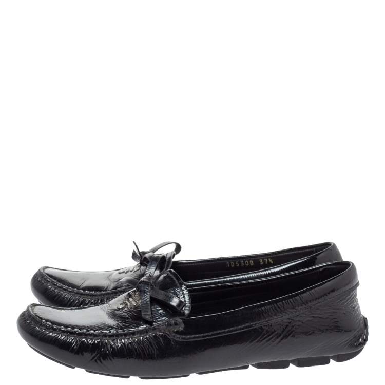 Pre Owned Prada Black Patent Leather Bow Slip On Loafers Size 37.5