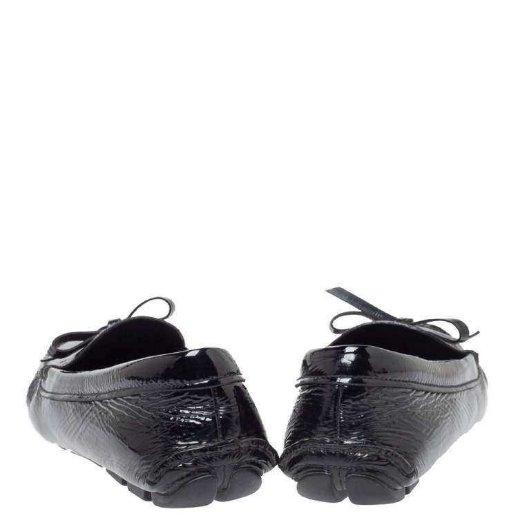 Pre Owned Prada Black Patent Leather Bow Slip On Loafers Size 37.5