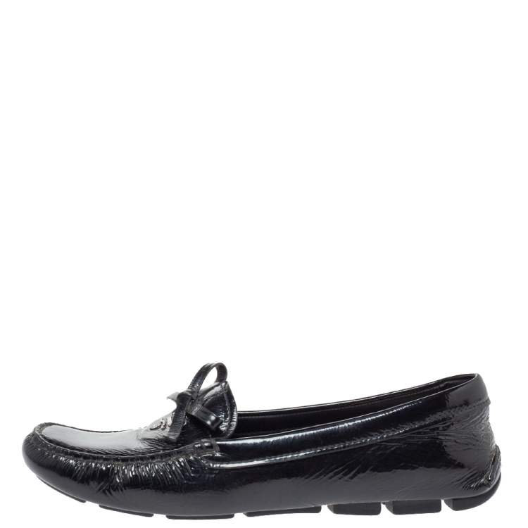 Pre Owned Prada Black Patent Leather Bow Slip On Loafers Size 37.5