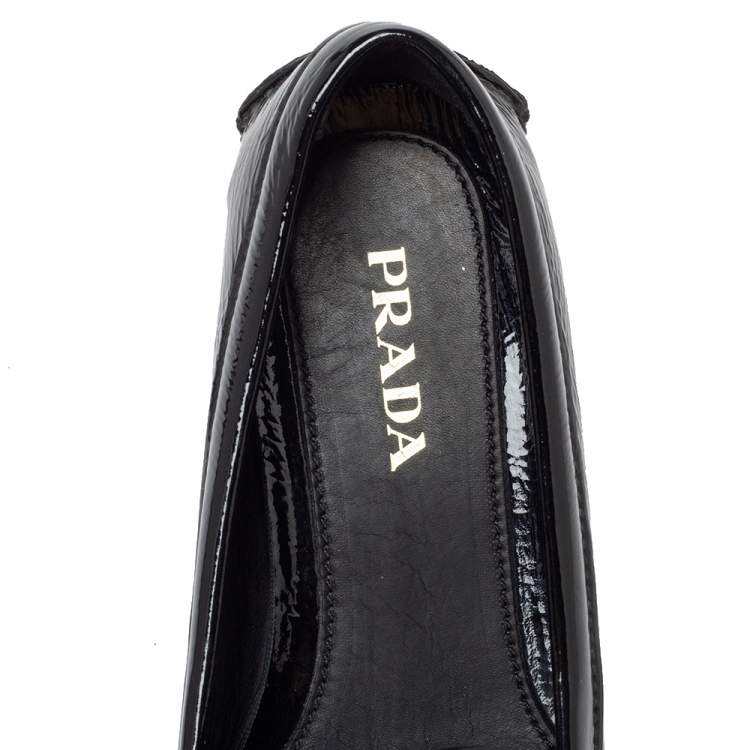 Pre Owned Prada Black Patent Leather Bow Slip On Loafers Size 37.5