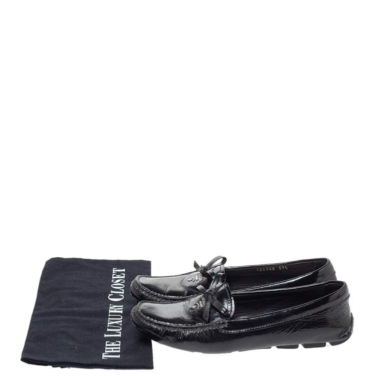 Pre Owned Prada Black Patent Leather Bow Slip On Loafers Size 37.5
