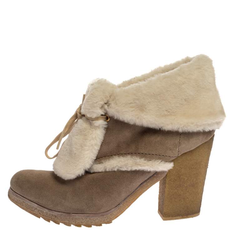 Pre Owned Prada Sport Beige Suede And Fur Shearling Trimmed Ankle Boots Size 40