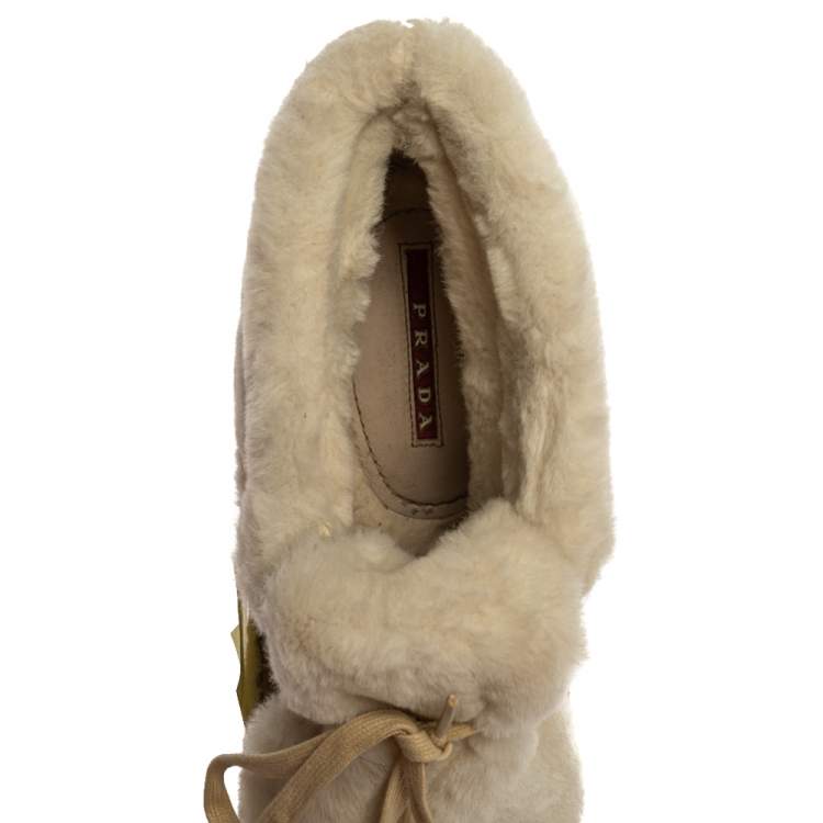 Pre Owned Prada Sport Beige Suede And Fur Shearling Trimmed Ankle Boots Size 40