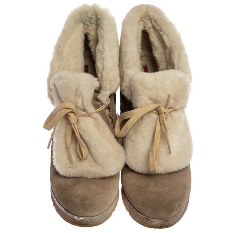 Pre Owned Prada Sport Beige Suede And Fur Shearling Trimmed Ankle Boots Size 40