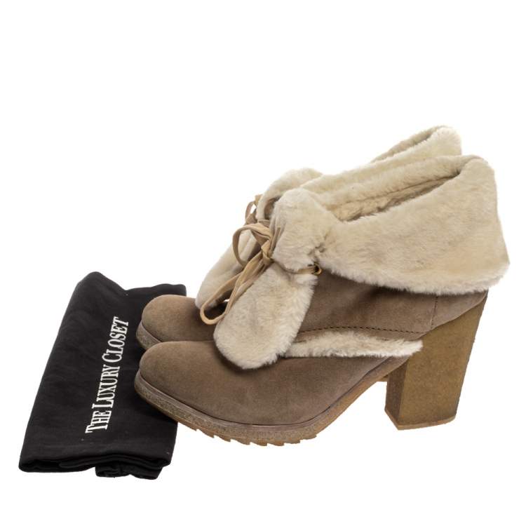 Pre Owned Prada Sport Beige Suede And Fur Shearling Trimmed Ankle Boots Size 40