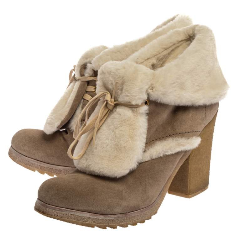 Pre Owned Prada Sport Beige Suede And Fur Shearling Trimmed Ankle Boots Size 40