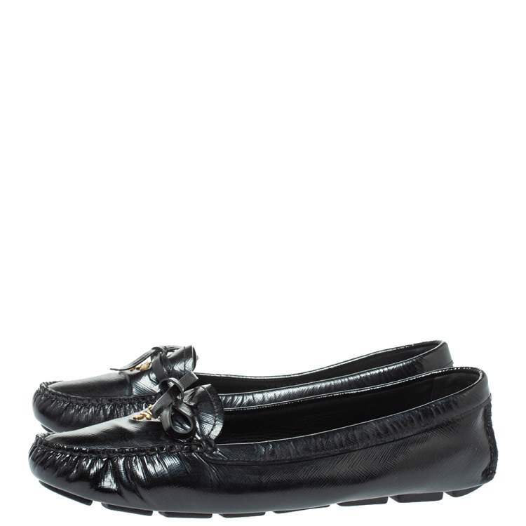 Pre Owned Prada Black Patent Leather Bow Loafers Size 40