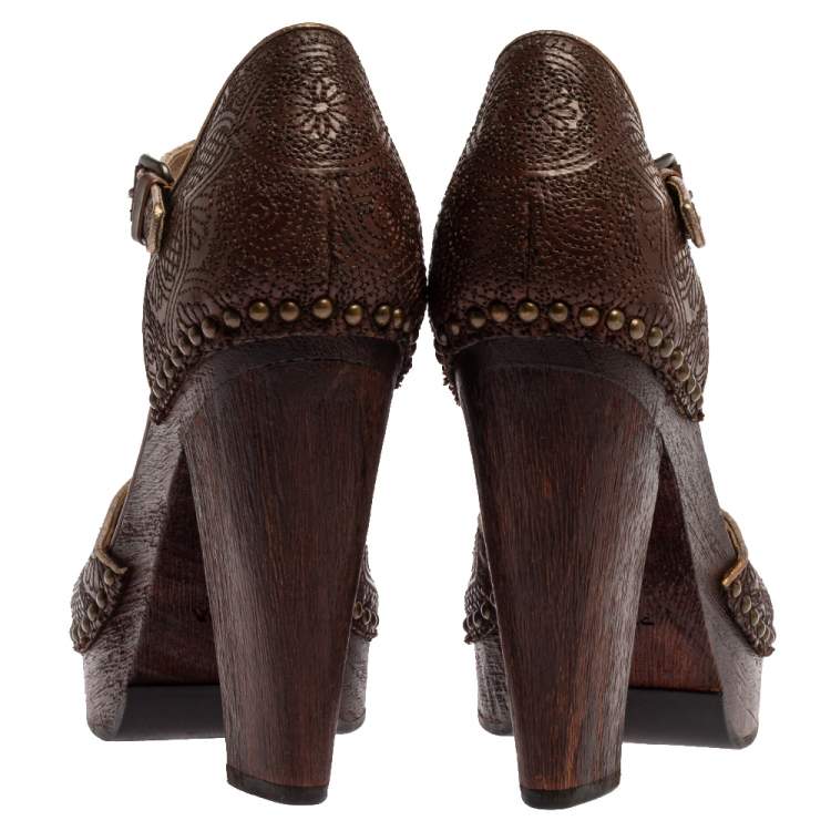 Pre Owned Prada Brown Leather Embroidered Wooden Block Heel Ankle Strap Sandals Size 40