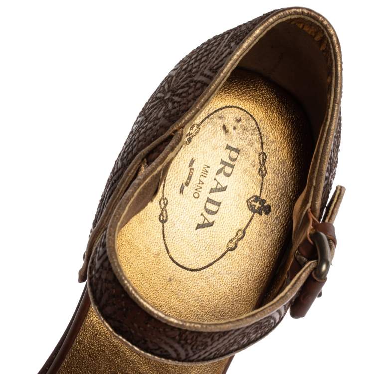 Pre Owned Prada Brown Leather Embroidered Wooden Block Heel Ankle Strap Sandals Size 40