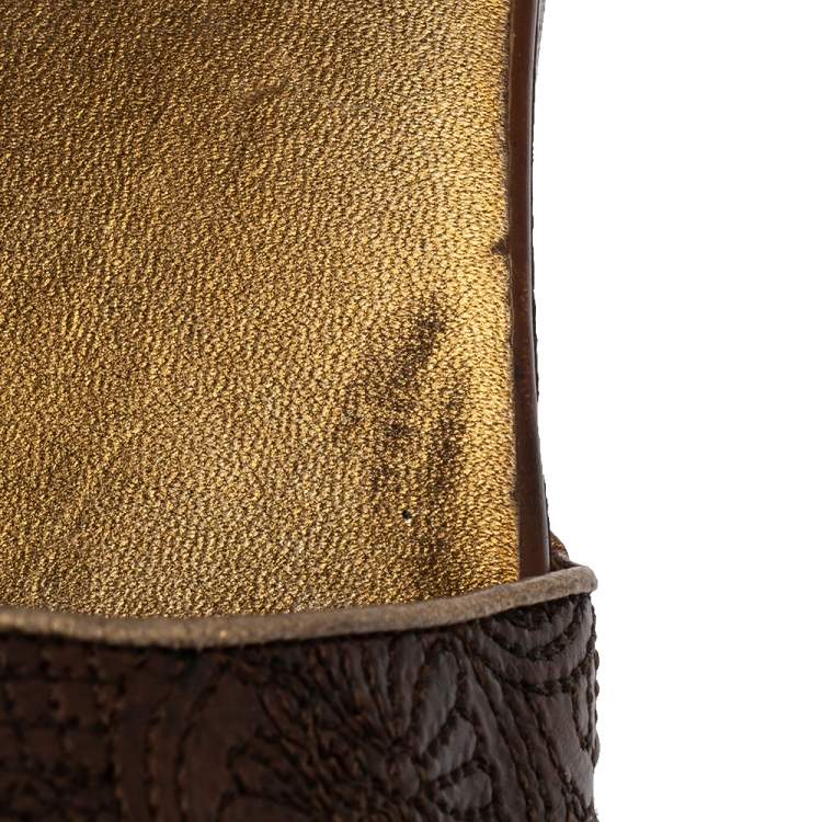 Pre Owned Prada Brown Leather Embroidered Wooden Block Heel Ankle Strap Sandals Size 40