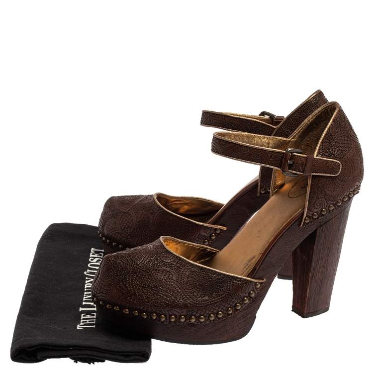 Pre Owned Prada Brown Leather Embroidered Wooden Block Heel Ankle Strap Sandals Size 40