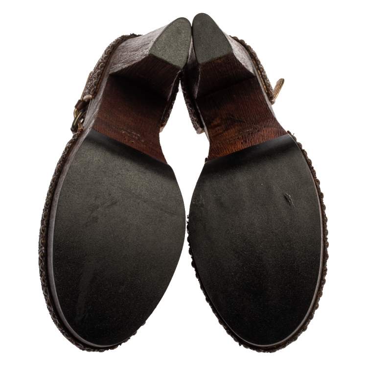 Pre Owned Prada Brown Leather Embroidered Wooden Block Heel Ankle Strap Sandals Size 40