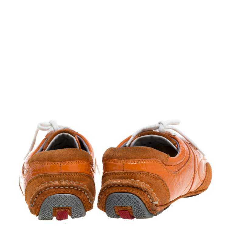 Pre Owned Prada Orange Suede And Patent Leather Vintage Low Top Sneakers Size 38.5