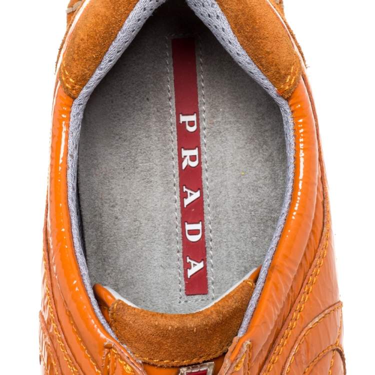 Pre Owned Prada Orange Suede And Patent Leather Vintage Low Top Sneakers Size 38.5