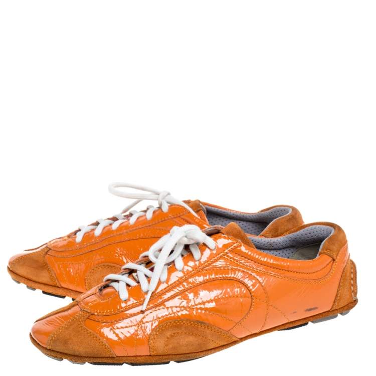 Pre Owned Prada Orange Suede And Patent Leather Vintage Low Top Sneakers Size 38.5