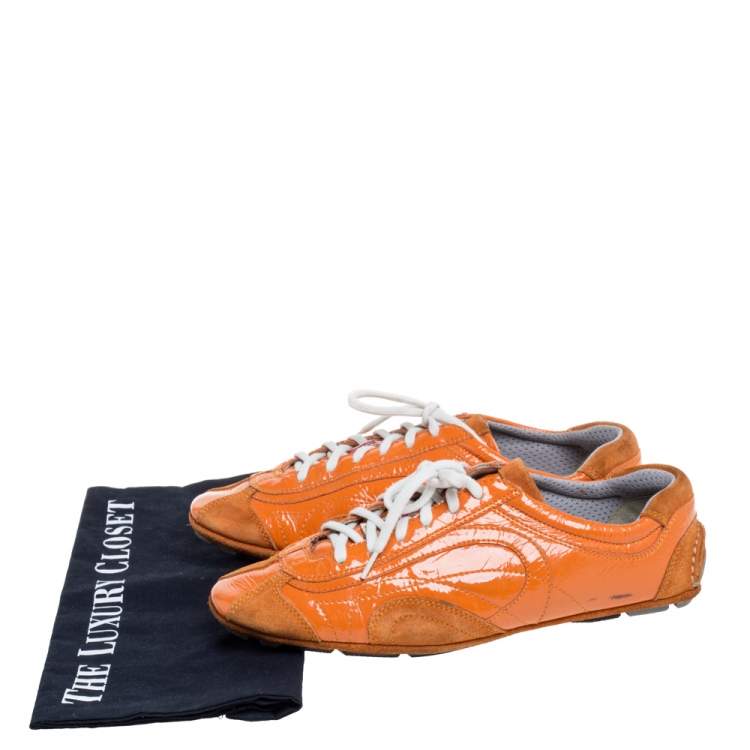 Pre Owned Prada Orange Suede And Patent Leather Vintage Low Top Sneakers Size 38.5