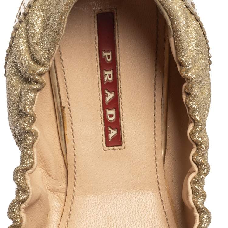 Pre Owned Prada Sport Gold Glitter Fabric And Patent Leather Brogue Scrunch Ballet Flats Size 37.5