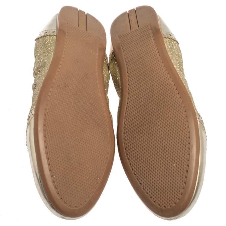 Pre Owned Prada Sport Gold Glitter Fabric And Patent Leather Brogue Scrunch Ballet Flats Size 37.5
