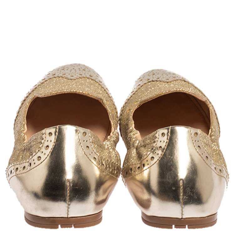 Pre Owned Prada Sport Gold Glitter Fabric And Patent Leather Brogue Scrunch Ballet Flats Size 37.5