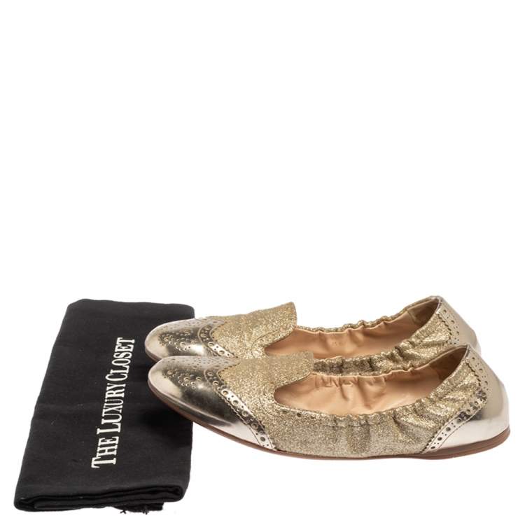 Pre Owned Prada Sport Gold Glitter Fabric And Patent Leather Brogue Scrunch Ballet Flats Size 37.5