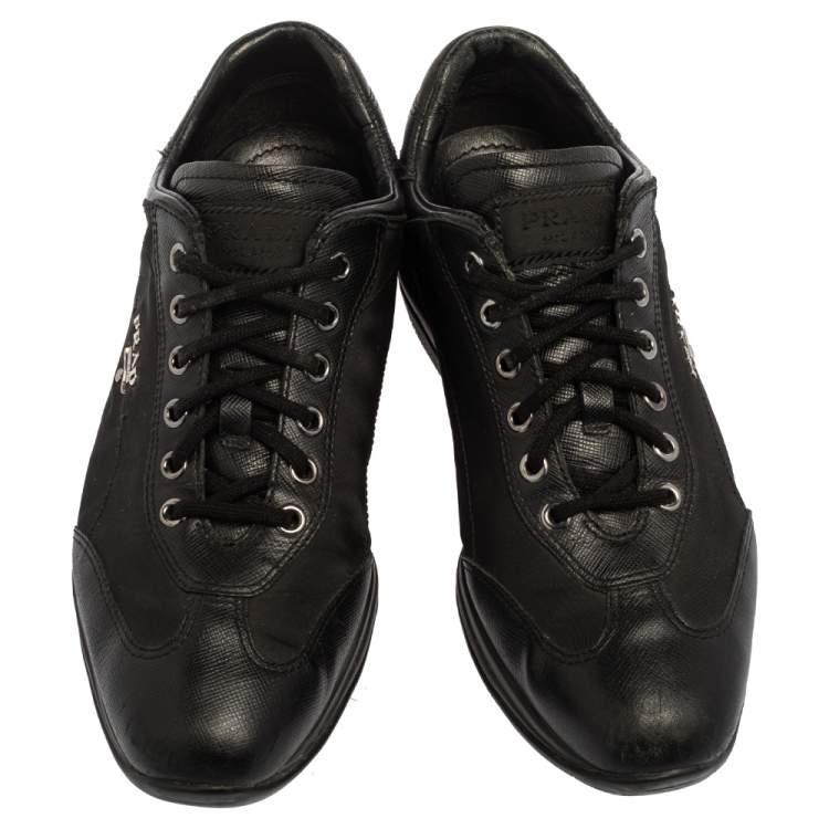 Pre Owned Prada Black Leather and Nylon America's Cup Lace Up Sneakers Size 37.5