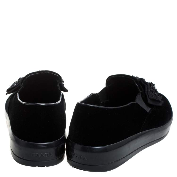 Pre Owned Prada Black Velvet Crystal Embellished Bow Slip On Sneakers Size 38.5