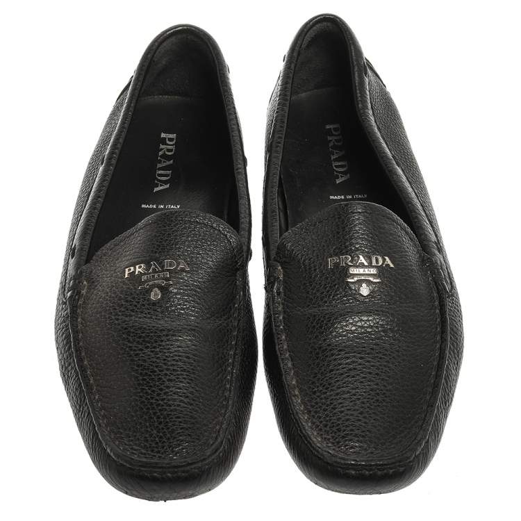 Pre Owned Prada Black Leather Slip On Loafers Size 39.5