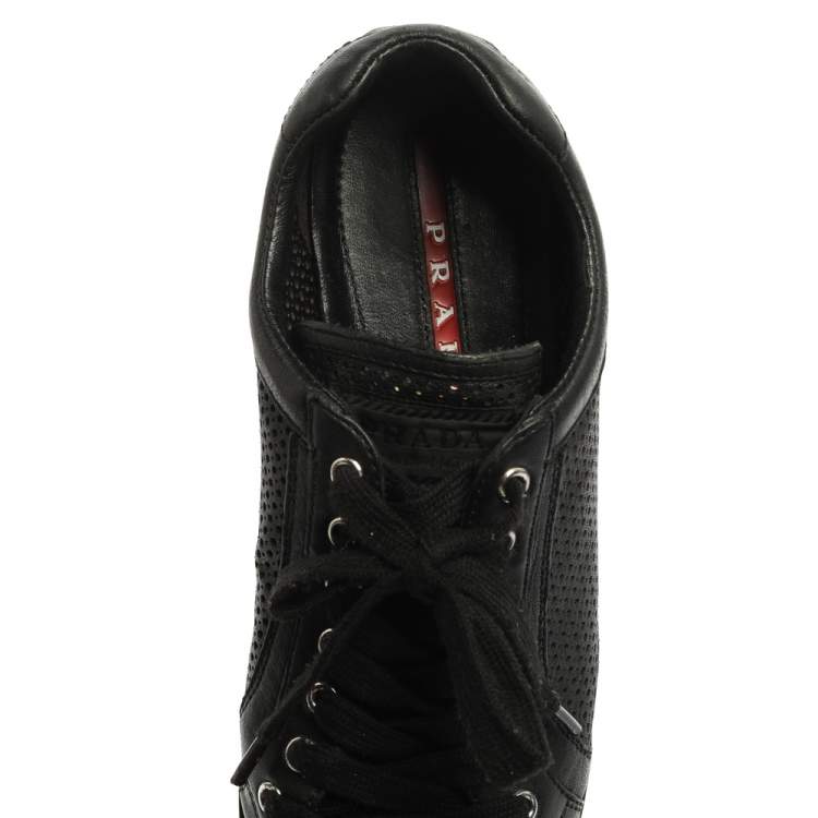Pre Owned Prada Sports Black Perforated Leather Lace Up Low Top Sneakers Size 38