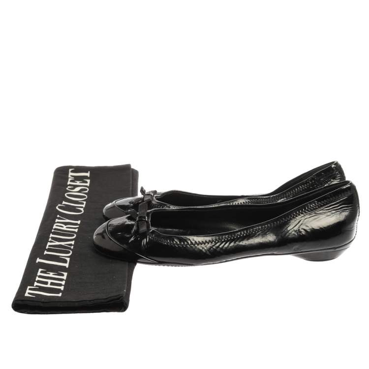 Pre Owned Prada Black Patent Leather Bow Ballet Flats Size 36.5