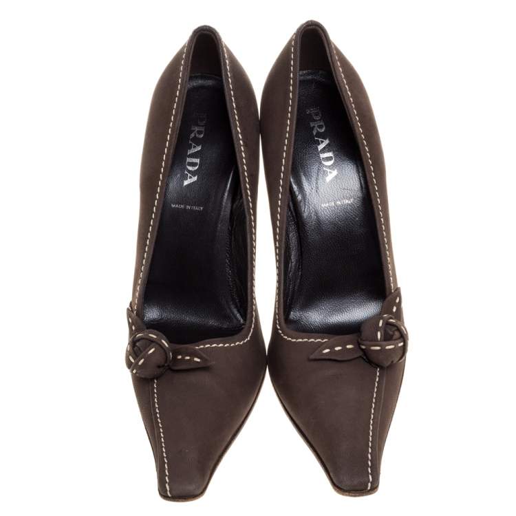 Pre Owned Prada Khaki Brown Stitch Nubuck Leather Knot Pointed Toe Pumps Size 36
