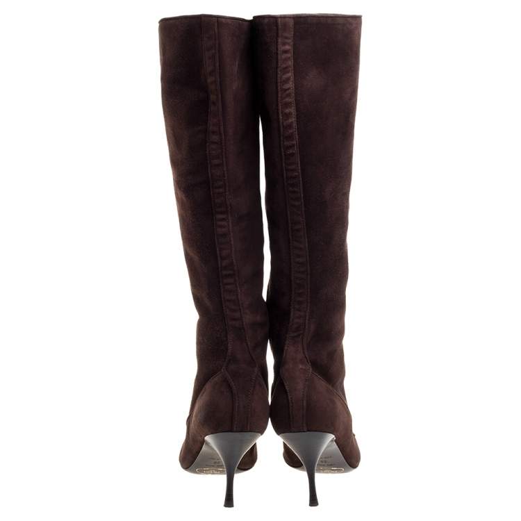 Pre Owned Prada Brown Suede Knee Boots Size 38