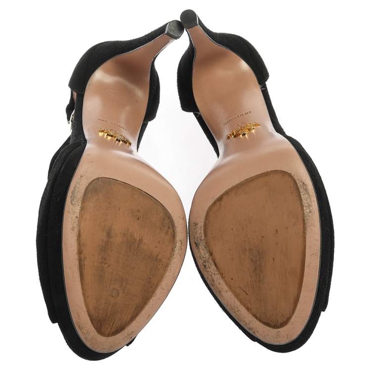 Pre Owned Prada Black Cut Out Suede Ankle Strap Platform Sandals Size 40