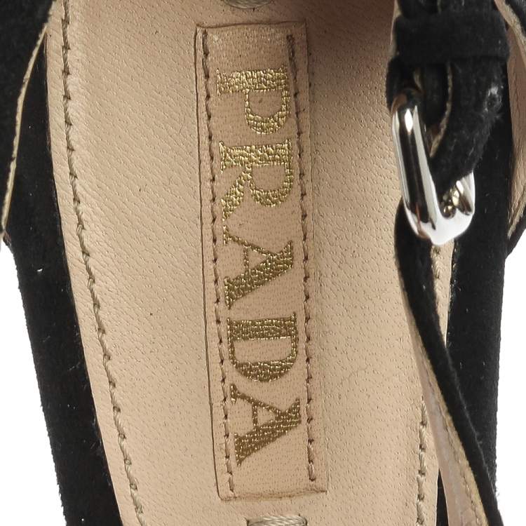 Pre Owned Prada Black Cut Out Suede Ankle Strap Platform Sandals Size 40