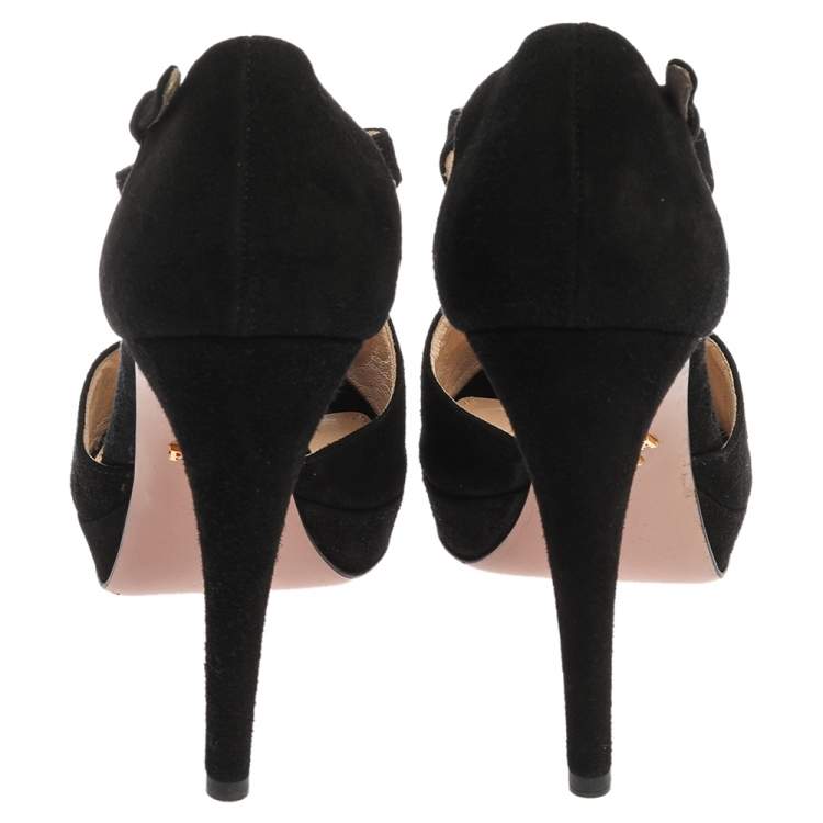 Pre Owned Prada Black Cut Out Suede Ankle Strap Platform Sandals Size 40