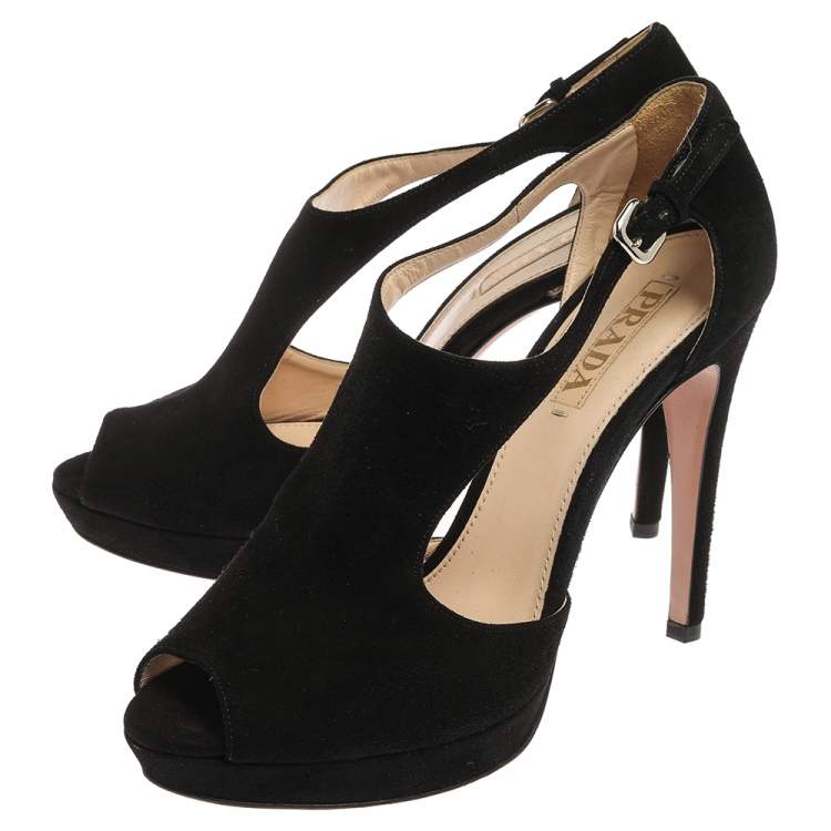 Pre Owned Prada Black Cut Out Suede Ankle Strap Platform Sandals Size 40